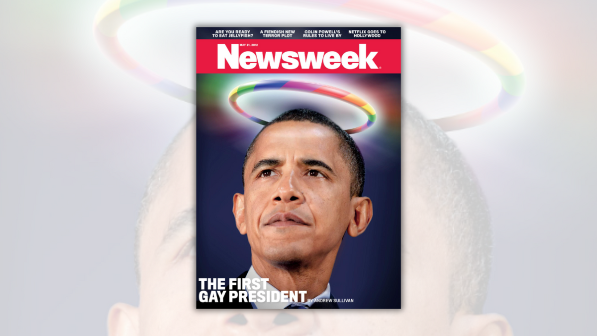 A Black man looks forward with a rainbow halo surrounding his head. Above the halo, it says Newsweek and is dated May 21, 2012. In the left cover, it says "The First Gay President by Andrew Sullivan.". @Newsweek/Facebook