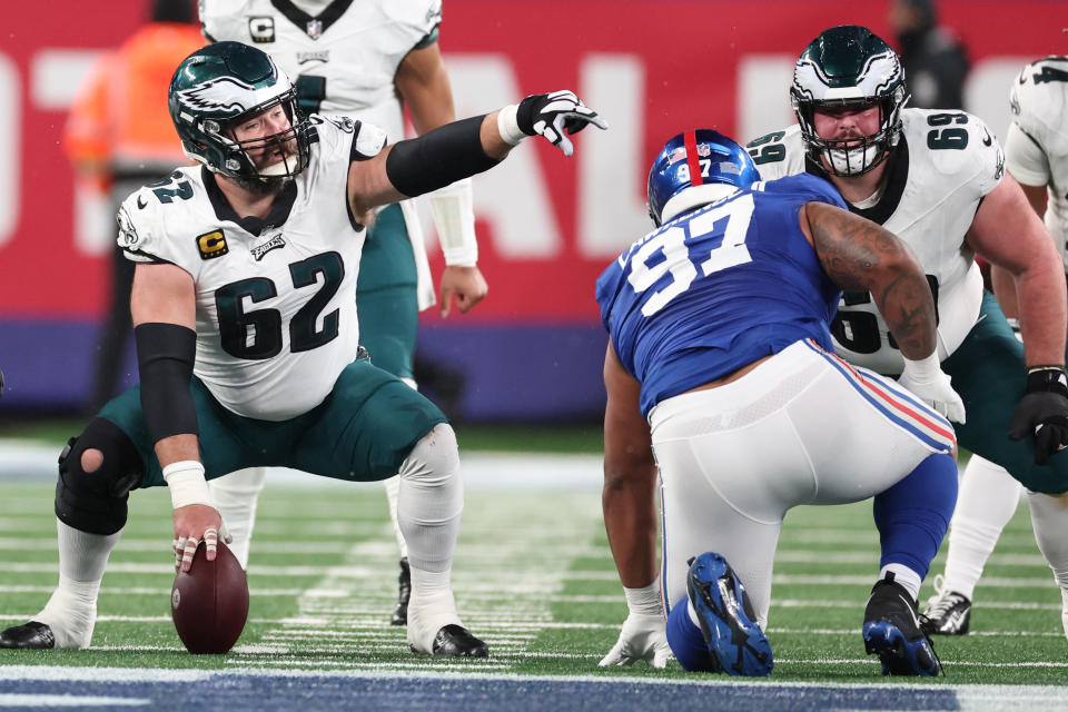 EAST RUTHERFORD, NEW JERSEY – JANUARY 07: Jason Kelce #62 of the Philadelphia Eagles directs his team during the first half in the game against the <a class="link " href="https://sports.yahoo.com/nfl/teams/ny-giants/" data-i13n="sec:content-canvas;subsec:anchor_text;elm:context_link" data-ylk="slk:New York Giants;sec:content-canvas;subsec:anchor_text;elm:context_link;itc:0">New York Giants</a> at MetLife Stadium on January 07, 2024 in East Rutherford, New Jersey. (Photo by Al Bello/Getty Images)