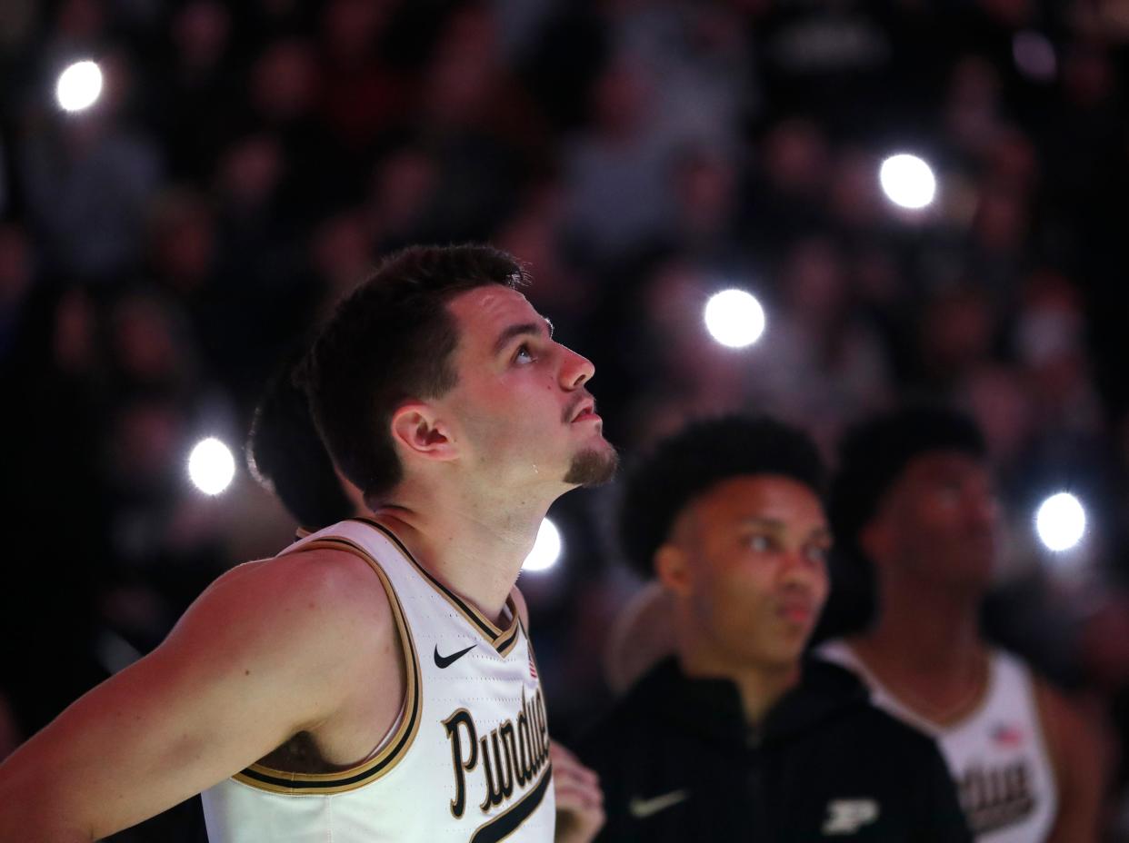 Purdue Boilermakers forward Camden Heide (23) watches the hype video during the NCAA men’s basketball game against the Penn State Nittany Lions, Saturday, Jan. 13, 2024, at Mackey Arena in West Lafayette, Ind.