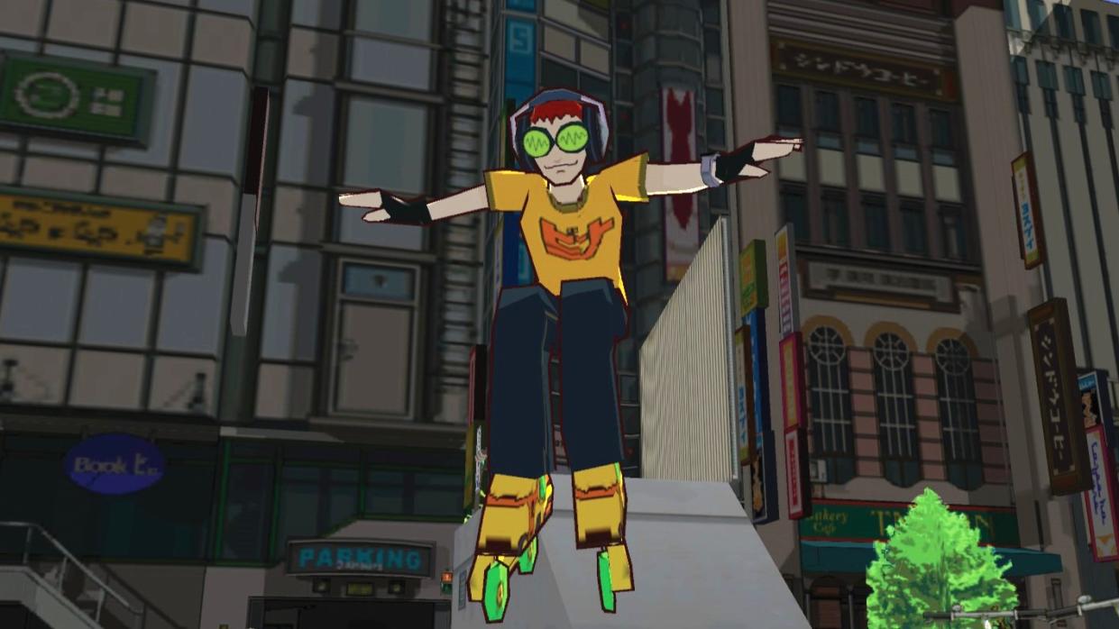  Skater mid jump with arms in the air. 