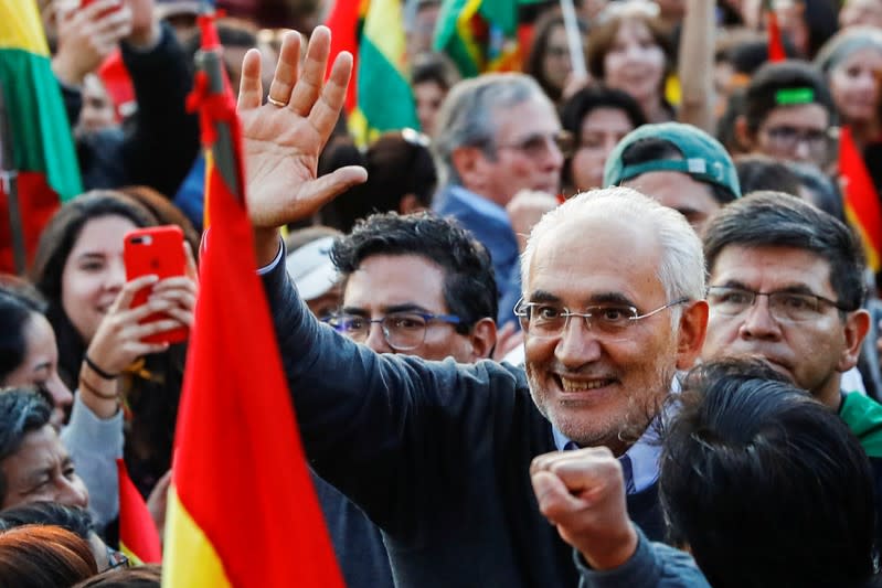 FILE PHOTO: Presidential candidate Carlos Mesa holds an assembly in Zona Sur, La Paz