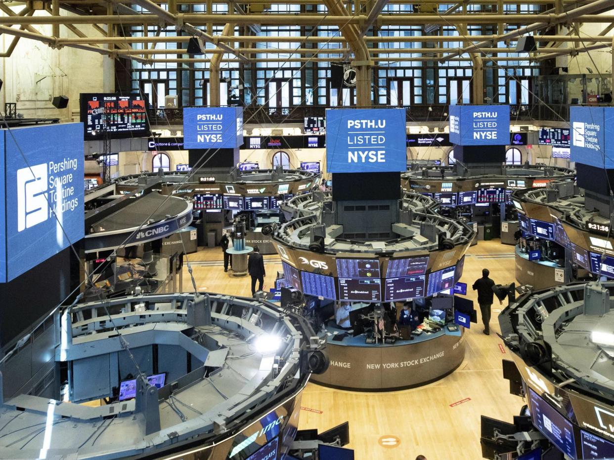 This 22 July 2020 photo provided by the New York Stock Exchange shows the trading floor in New York: (New York Stock Exchange via the Associated Press)