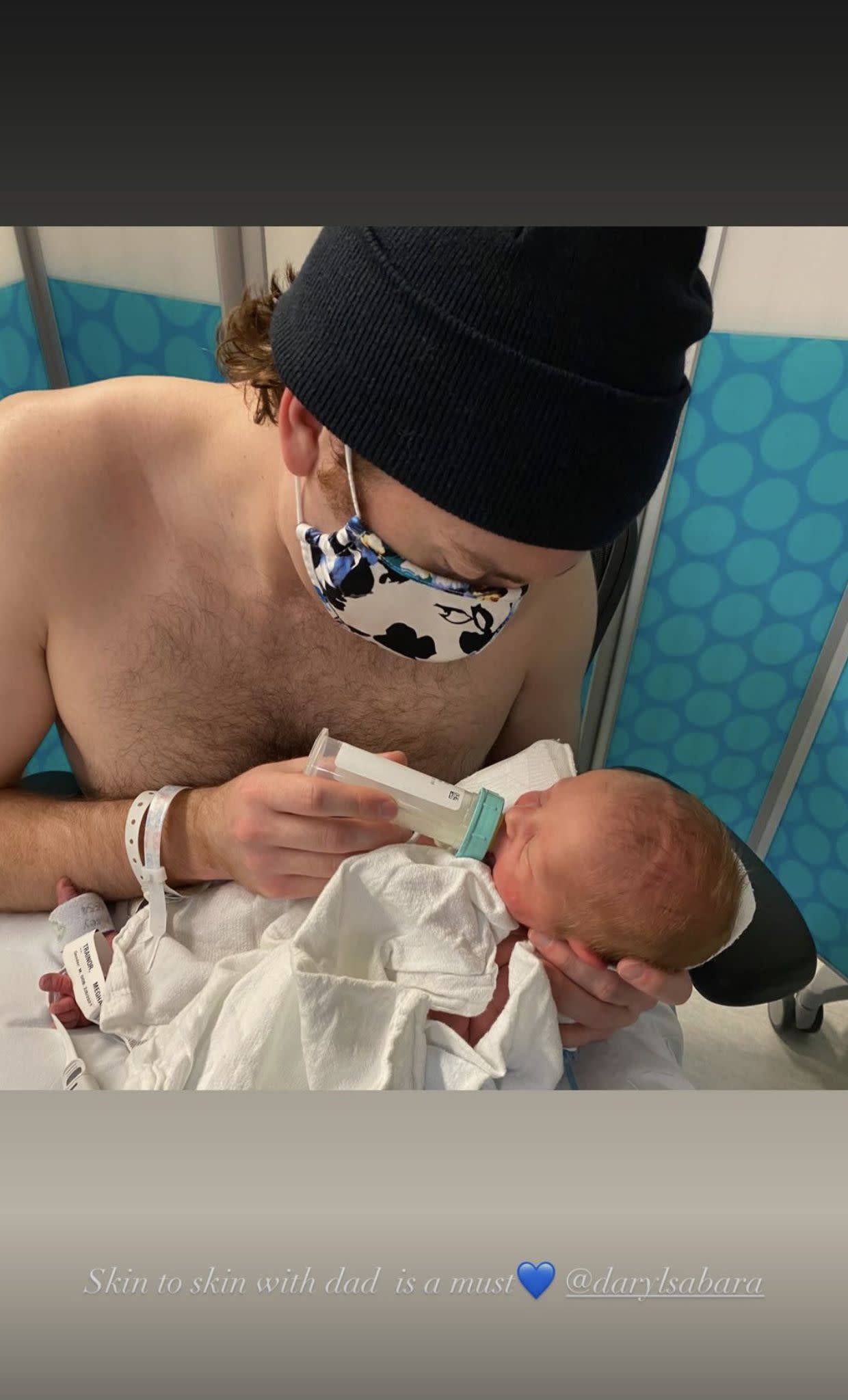 Meghan Trainor shares a sweet moment with husband Daryl Sabara and their newborn son. "Skin to skin with dad is a must"