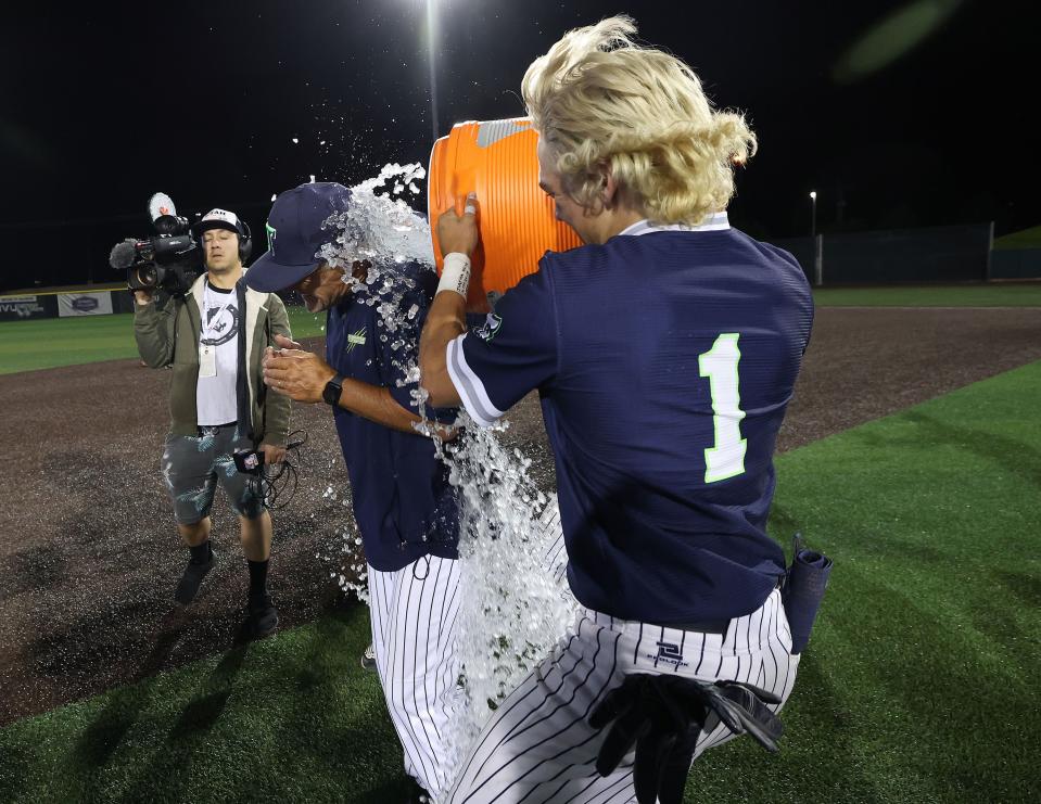 Timpanogos players celebrate their win over Lehi in the 5A state baseball championship in Orem on Saturday, May 27, 2023. | Jeffrey D. Allred, Deseret News