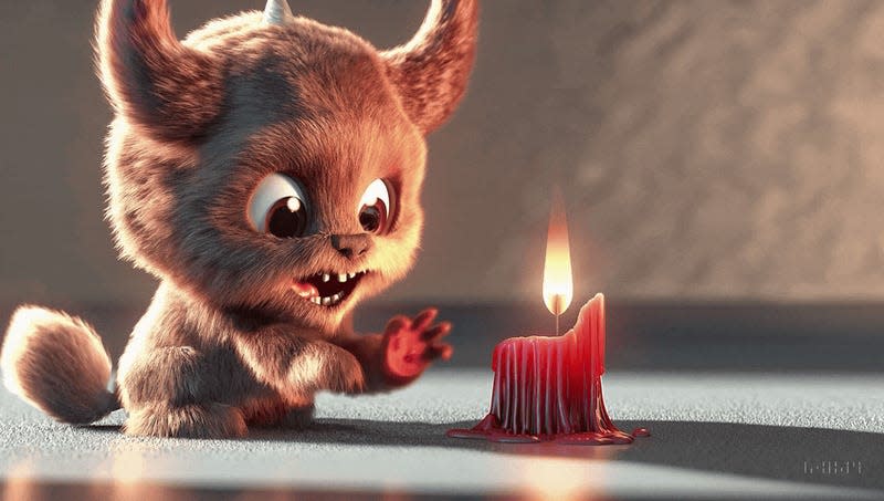 Animation created by OpenAI with Sora depicting a fuzzy monster putting its hand near a candle’s flame. - Gif: OpenAi / Sora