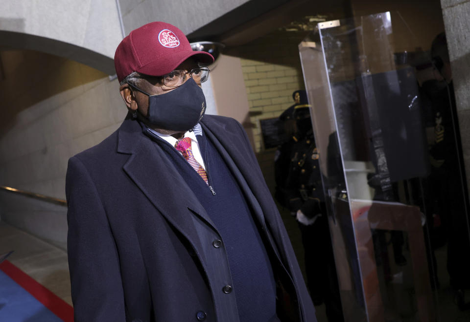 Rep. Jim Clyburn, D-SC, arrives at the inauguration of U.S. President-elect Joe Biden on the West Front of the U.S. Capitol on Wednesday, Jan. 20, 2021 in Washington. (Win McNamee /Pool Photo via AP)