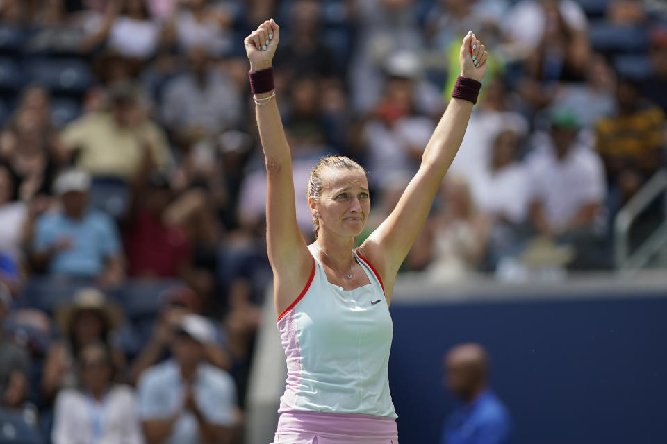 Petra Kvitova, of the Czech Republic, reacts after defeating Garbine Muguruza, of Spain, during the third round of the U.S. Open tennis championships, Saturday, Sept. 3, 2022, in New York. (AP Photo/Eduardo Munoz Alvarez)