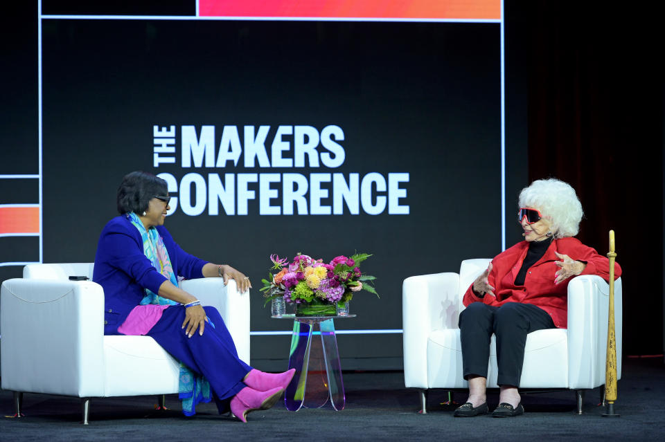 Dallas Mavericks CEO Cynt Marshall and Maybelle Blair speak onstage during The 2022 MAKERS Conference on October 25, 2022 in Dana Point, California. (Photo by Vivien Killilea/Getty Images for The MAKERS Conference)