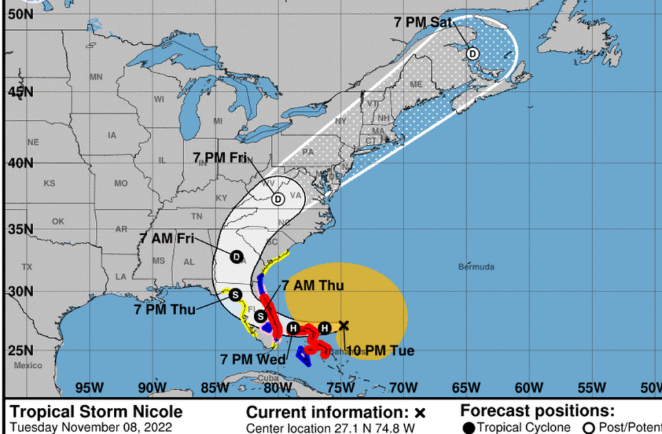 Los vientos máximos de la tormenta Nicole se incrementaron a 65 mph (100 Km/h) el 8 de noviembre de 2022 y se pronostica que se transformará en un huracán antes de tocar tierra en Florida.