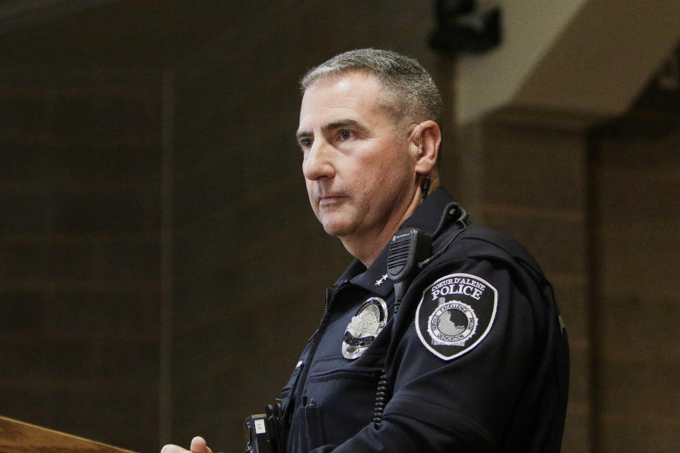 FILE - Lee White, the police chief of Coeur d'Alene, speaks during a news conference at the Coeur d'Alene Library on June 13, 2022, about the arrest of more than two dozen members of Patriot Front near a pride event in Coeur d'Alene, Idaho. Six of the members of a white supremacist group will be in court facing misdemeanor charges of conspiracy to riot. (AP Photo/Young Kwak, File)