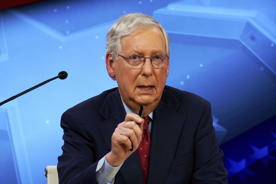 Senate Majority Leader Mitch McConnell, R-Ky., debates with democratic candidate Amy McGrath in Lexington, Ky., Monday, Oct. 12, 2020. (Michael Clubb, The Kentucky Kernel via AP Pool)