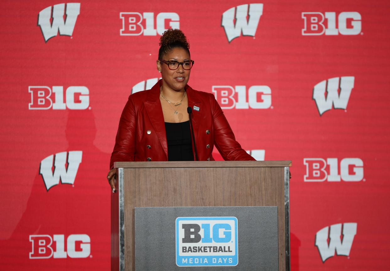 Wisconsin women's coach Marisa Moseley speak to reporters Wednesday during the Big Ten basketball media days at the Target Center in Minneapolis.