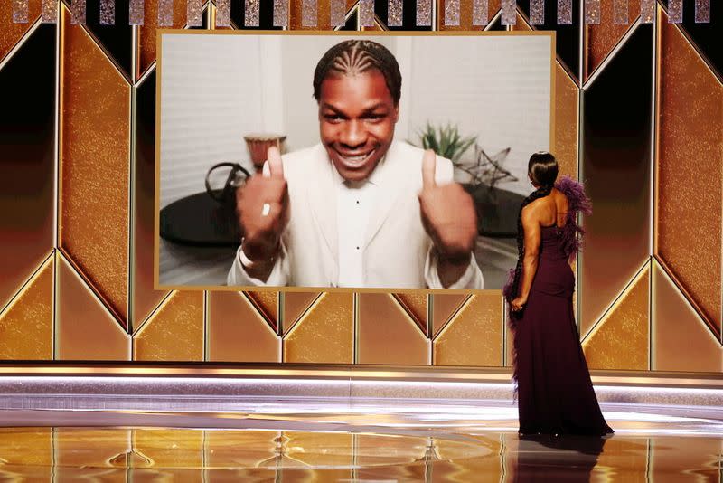 Actor John Boyega accepts the Best Supporting Actor - Television award for "Small Axe" in this handout photo from the 78th Annual Golden Globe Awards in Beverly Hills