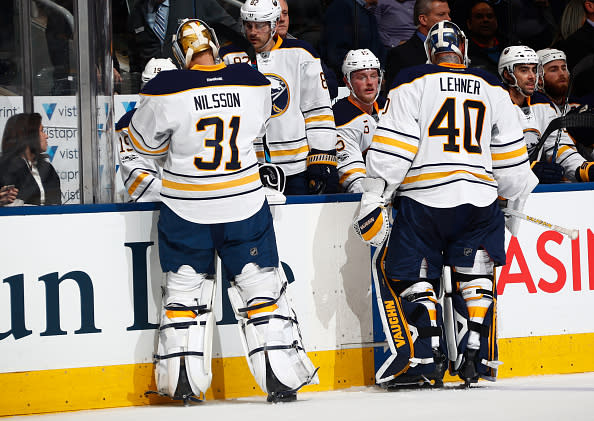 TORONTO, ON - JANUARY 17: Robin Lehner #40 of the Buffalo Sabres is pulled for Anders Nilsson #31 during the second period of play against the Toronto Maple Leafs at the Air Canada Centre on January 17, 2017 in Toronto, Ontario, Canada. (Photo by Mark Blinch/NHLI via Getty Images)