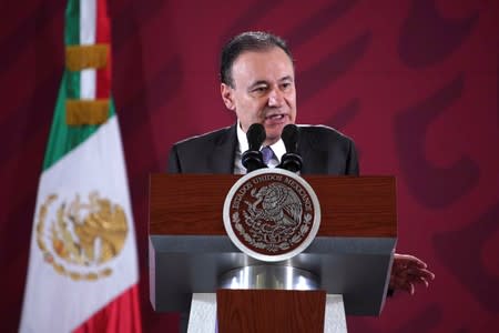 Mexico's Security Minister Alfonso Durazo speaks during Mexico's President Andres Manuel Lopez Obrador daily news conference at National Palace in Mexico City