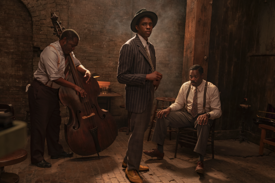 Chadwick Boseman, center, stars as Levee in "Ma Rainey's Black Bottom." Michael Potts, left, plays Slow Drag and Colman Domingo, right, is Cutler.