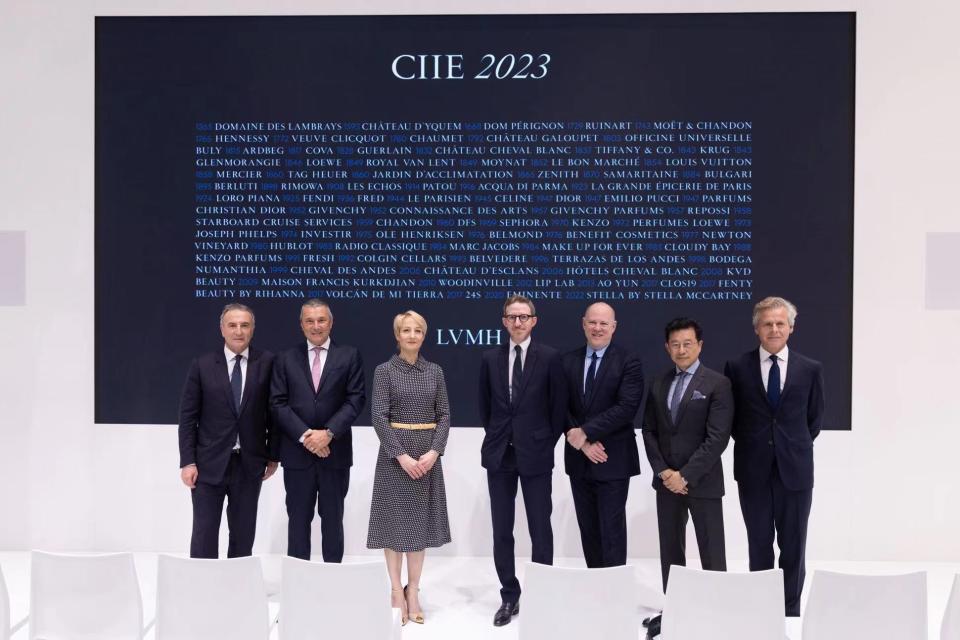 Marc-Antoine Jamet, secretary general of LVMH, Jean-Christophe Babin, CEO of Bulgari, Karin Raguin, senior Vice President of human resources at LVMH China, Ludovic Watine-Arnault, Bernard Arnault's CIIE representative, Michael Schriver, group president of Louis Vuitton North Asia, Andrew Wu, president of LVMH Greater China, and Laurent Boillot, CEO of Hennessy.