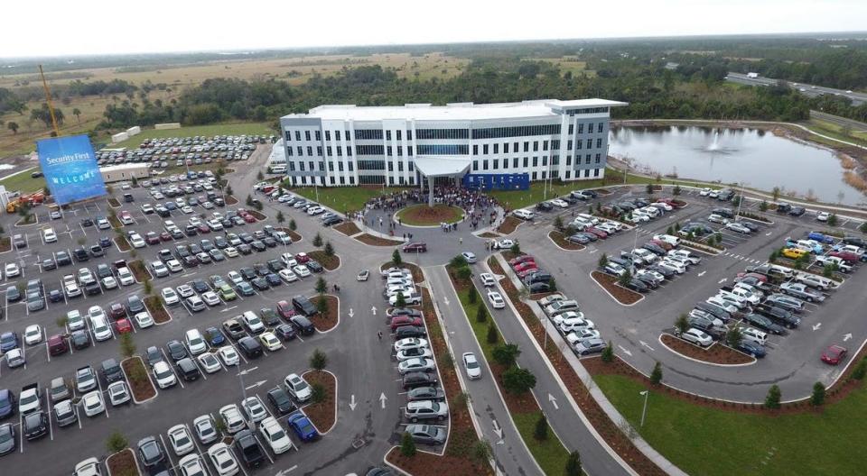 This is an aerial view of the headquarters for Security First Insurance on opening day in November 2019 at Ormond Crossings in Ormond Beach. Located on 48 acres along the east side of Interstate 95, just south of U.S. 1, the four-story, 136,000-square-foot office building remains the only portion of the 3,000-acre Ormond Crossings development site to be developed so far. That could soon change as Ormond Crossings is under contract to be sold, a real estate consultant representing the current landowners confirmed on Dec. 20, 2023. The buyer is Maryland developer Bradford Kline who has already worked out a deal for Meritage Homes to building 2,950 homes on the west side of I-95. Kline would develop nearly 3 million square feet of commercial space on the east side of I-95.