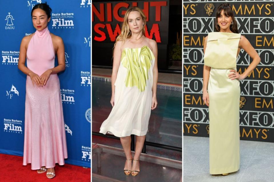 From left: Greta Lee in Alaïa at the Virtuosos Awards, Kerry Condon in Louis Vuitton at the “Night Swim” LA premiere and Aubrey Plaza in Loewe at the 75th Primetime Emmy Awards. Images: Getty