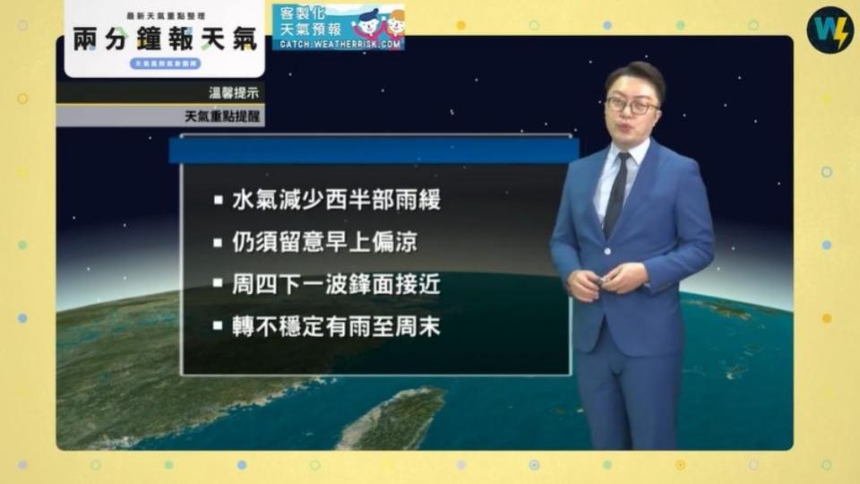 氣象主播賴忠瑋表示週二、週三天氣相對較穩定。（圖／翻攝自臉書粉專「天氣風險 WeatherRisk」）