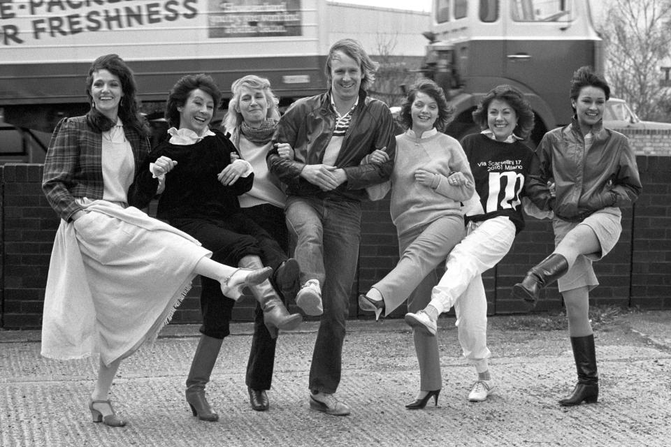 Dr Who (actor Peter Davison) and female companions of the Doctor's past and present. (l-r) Louise Jameson, Carole Ann Ford, Caroline John, Sarah Sutton, Elisabeth Sladen and Janet Fielding.   (Photo by PA Images via Getty Images)