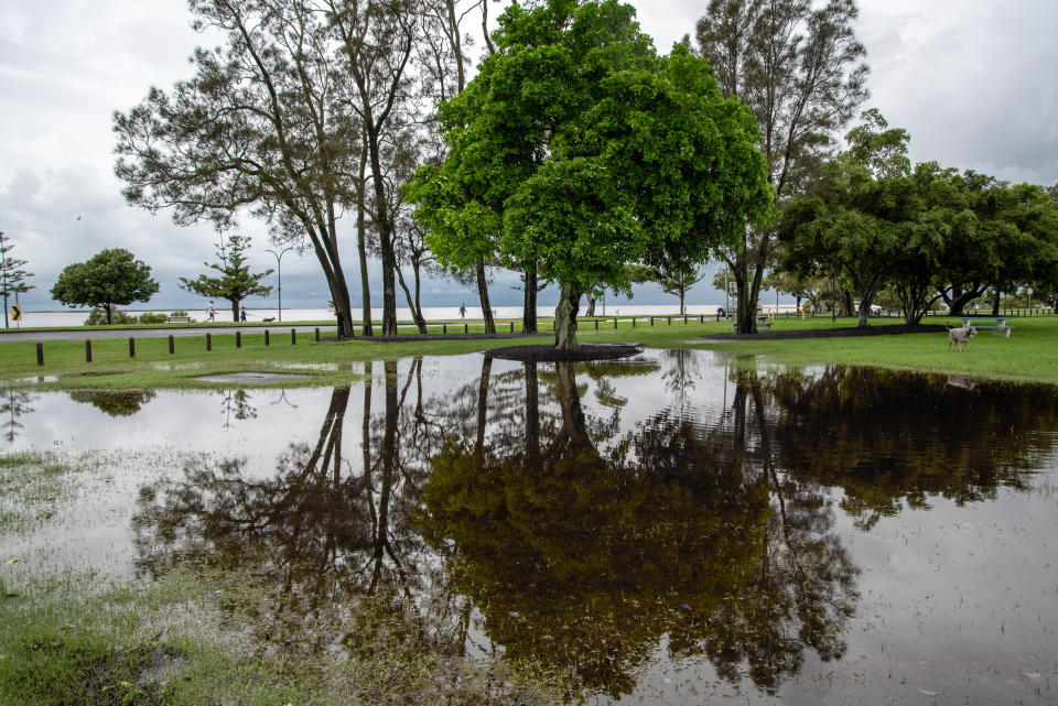 Flooding in a park cause by heavy rain..Ex -tropical cyclone Uesi hits South East Queensland. Severe storm hits South East Queensland and Brisbane CBD causing traffic chaos and floods. (Photo by Florent Rols / SOPA Images/Sipa USA)