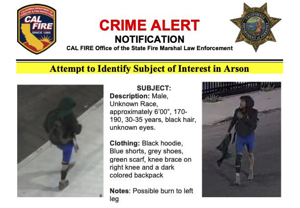 This crime alert released Saturday, Nov. 18, 2023 by Cal Fire Office of the State Fire Marshall Law Enforcement shows a “person of interest” in the Los Angeles freeway arson fire last week that closed the roadway for days, snarling traffic as crews to work around the clock to fix it. All lanes of Interstate 10 near downtown are expected to reopen by Tuesday, Nov. 21, far ahead of the initial three-to-five week schedule. (CalFire via AP)
