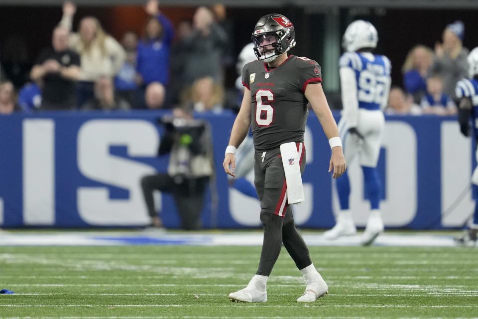 Tampa Bay Buccaneers quarterback Baker Mayfield (6) walks away after a fumble during the second half of an NFL football game Sunday, Nov. 26, 2023, in Indianapolis. (AP Photo/Michael Conroy)