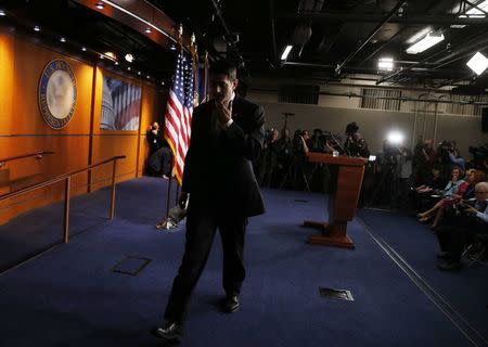 House Speaker Paul Ryan (R-WI) departs a news conference held after Republicans pulled the American Health Care Act bill to repeal and replace the Affordable Care Act act known as Obamacare, prior to a vote at the U.S. Capitol in Washington, March 24, 2017. REUTERS/Jonathan Ernst