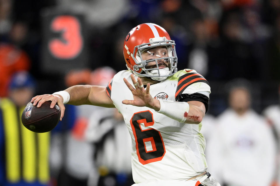 FILE - Then-Cleveland Browns quarterback Baker Mayfield (6) passes during the second half of an NFL football game against the Baltimore Ravens, Sunday, Nov. 28, 2021, in Baltimore. The Panthers view their starting QB job as an open competition between the newly acquired Baker Mayfield and incumbent Sam Darnold, one that will ultimately be decided at training camp and in preseason games. (AP Photo/Nick Wass, File)