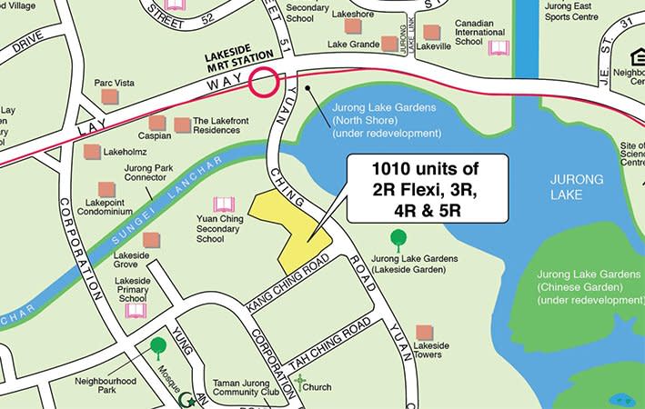 Map of the May 2022 Jurong West BTO launch will consist of 1,010 2-room flexi, 3-room, 4-room and 5-room flats