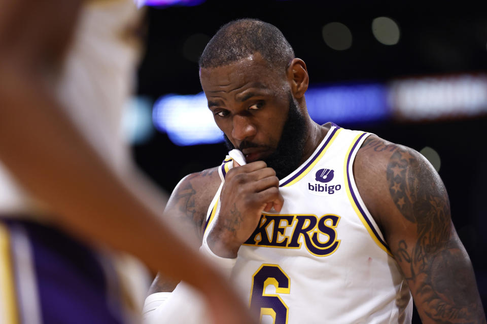 LOS ANGELES, CALIFORNIA - FEBRUARY 27: LeBron James #6 of the Los Angeles Lakers reacts during a game against the New Orleans Pelicans in the second half at Crypto.com Arena on February 27, 2022 in Los Angeles, California. (Photo by Michael Owens/Getty Images)