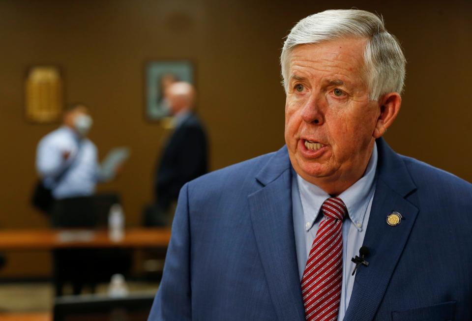 Missouri Governor Mike Parson speaks with the media following a meeting with school officials at the Kraft Administration Center on Wednesday, July 29, 2020.