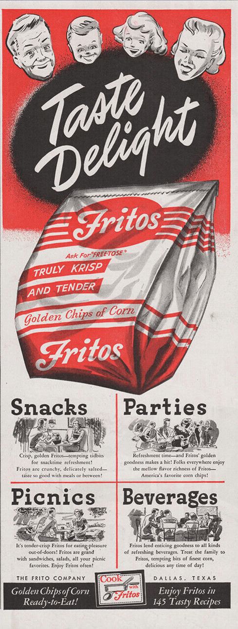 Vintage Fritos corn chips advertisement, 'Taste Delight' with Fritos bag in the middle with wording, red and black on a white background, 1949