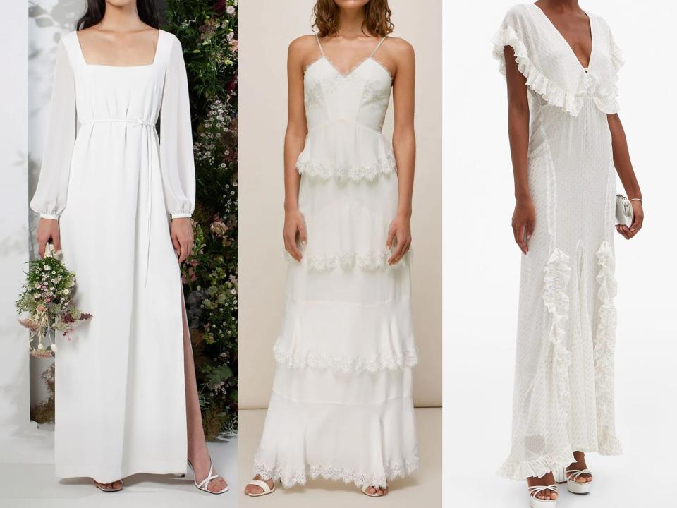 Aadina crepe column wedding dress (French Connection, £59), Isla tiered wedding dress (Whistles, £649), ruffled metallic fil coupé maxi dress (Matchesfashion, £250)