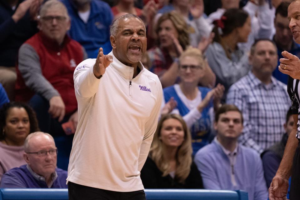 Kansas State coach Jerome Tang yells out after a foul against the Wildcats during Tuesday's Sunflower Showdown against Kansas at Allen Fieldhouse. Tang received a technical foul in the first half of the Wildcats' 90-78 loss.