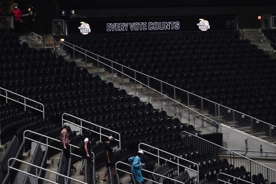 "Every Vote Counts" graphic in State Farm Arena empty seats. 