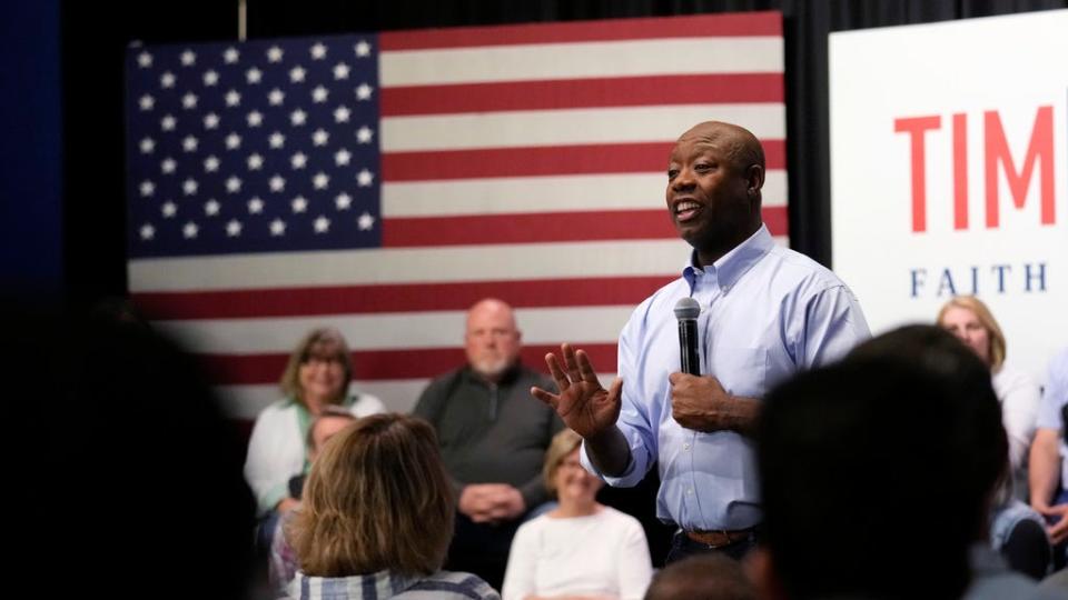 Sen. Tim Scott, R-S.C., speaks during a town hall, Monday, May 8, 2023, in Manchester, N.H. Scott recently launched an exploratory committee for a 2024 GOP presidential bid, a step that comes just shy of making his campaign official.
