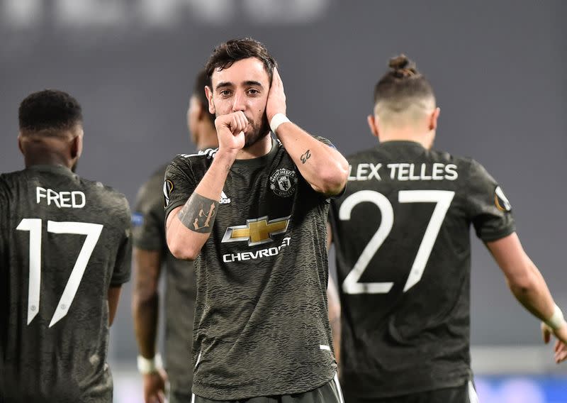 Bruno Fernandes, del Manchester United, celebra su segundo gol. Real Sociedad vs Manchester United