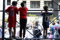 Fans wait before the Victory Ticker Tape Parade for the U.S. Women's National Soccer Team down the Canyon of Heroes on July 10, 2019 in the Manhattan borough of New York City. The USA defeated the Netherlands on Sunday to win the 2019 FIFA Women's World Cup France. on July 10, 2019 in New York City. (Photo by Michael Owens/Getty Images)