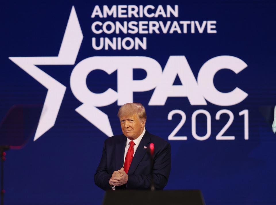 Former President Donald Trump addresses the Conservative Political Action Conference held in the Hyatt Regency on Feb. 28, 2021 in Orlando, Florida.