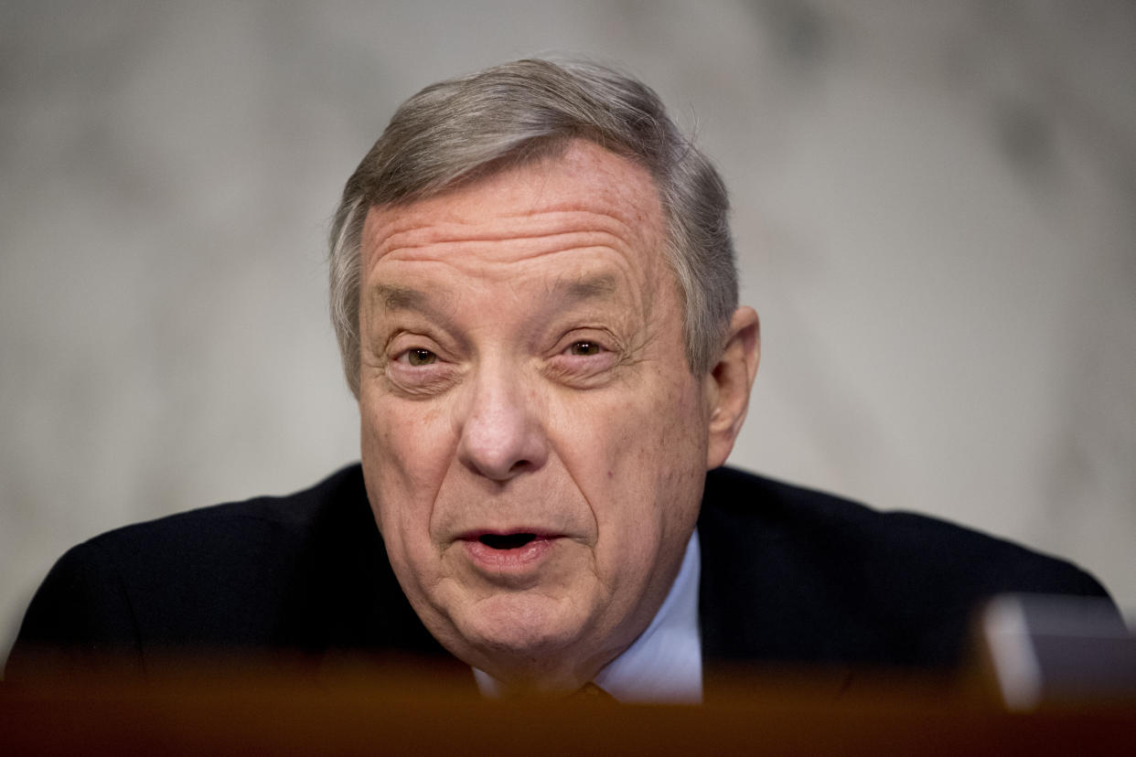 Senate Minority Whip Richard Durbin, D-Ill., questions Barr at the Senate Judiciary Committee hearing. (Photo: Andrew Harnik/AP)