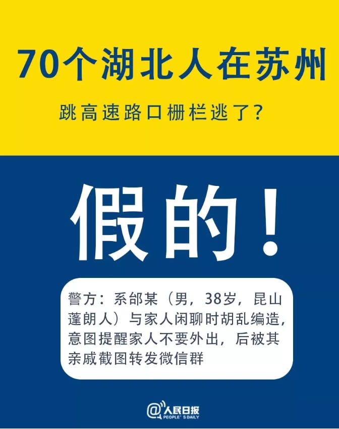 《人民日報》澄清「70名湖北人從高速公路逃跑」消息。   圖：翻攝自人民日報微信