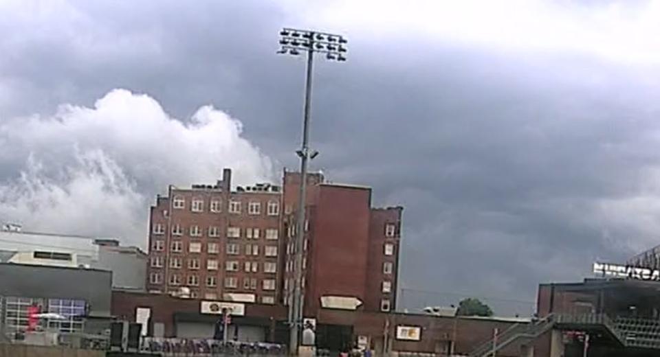 Dark clouds above Segra Stadium in Fayetteville around 6:50 p.m. Tuesday