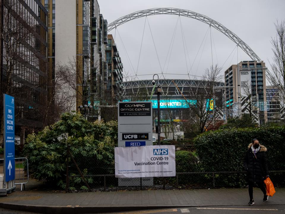 <p>A vaccination centre at Wembley Stadium, where just 4,000 fans will be allowed to attend FA Cup fixtures in April and May</p> (Getty)