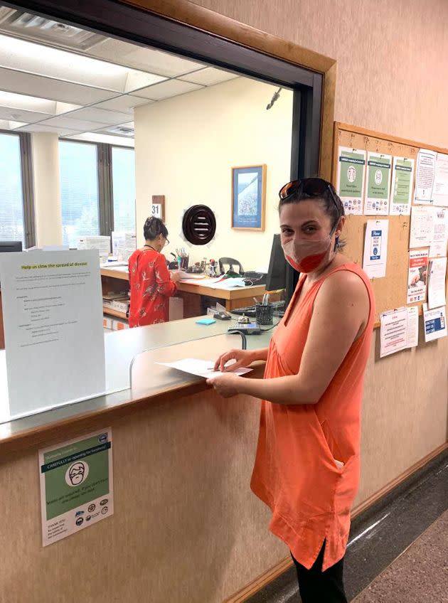 The author suspending her ability to purchase a firearm in Washington State at the Skamania County Clerk on Aug. 31, 2020. (Photo: Courtesy of Katrina Brees)