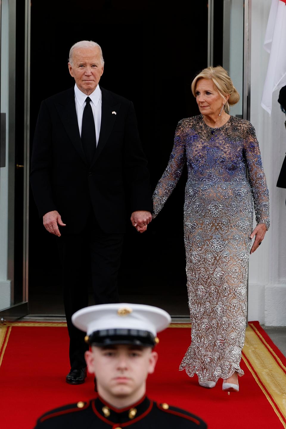  President Joe Biden and first lady Jill Biden welcome Japanese Prime Minister Fumio Kishida and his wife Yuko Kishida to the White House for a state dinner on April 10, 2024 in Washington, DC. 