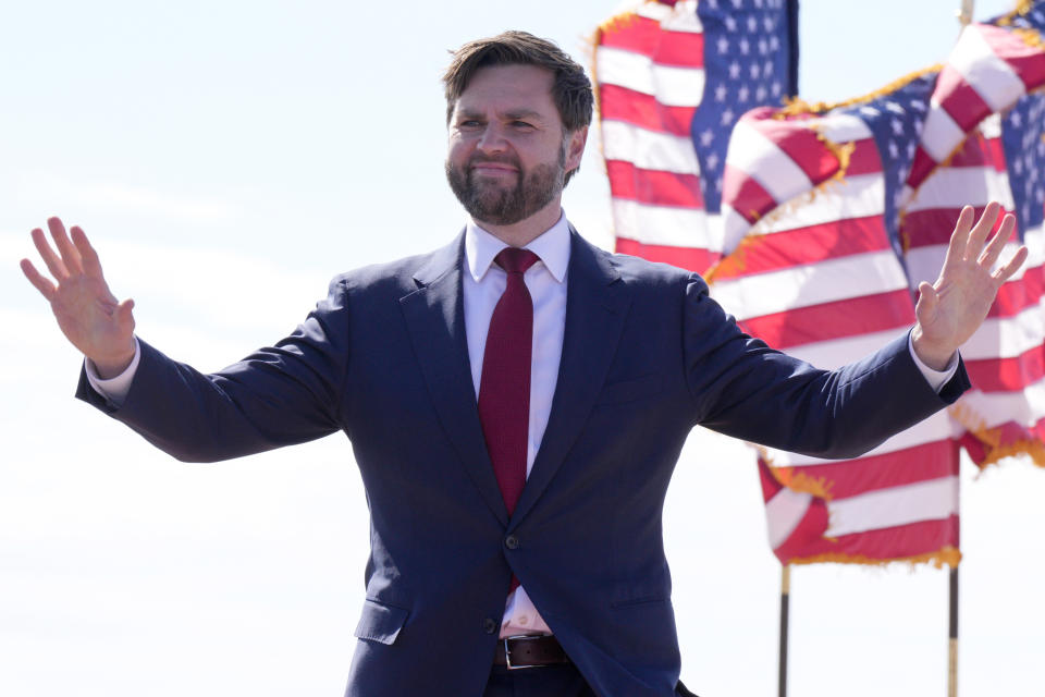 FILE - Sen. J.D. Vance, R-Ohio, attends a campaign rally, March 16, 2024, in Vandalia, Ohio. (AP Photo/Jeff Dean, File)