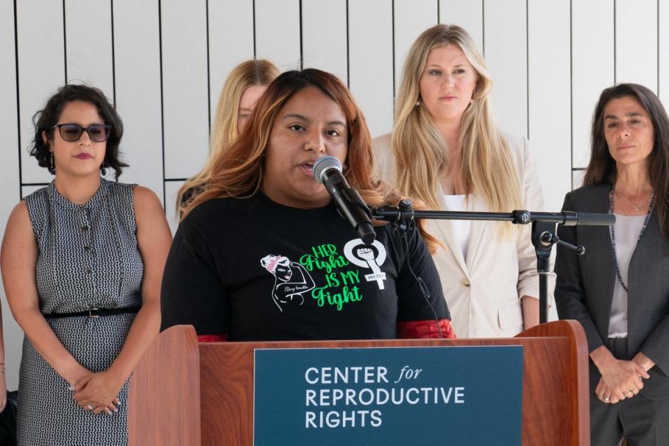 Samantha Casiano speaks during a press conference outside the Travis County Courthouse in Austin, Texas on 19 July. (AFP via Getty Images)