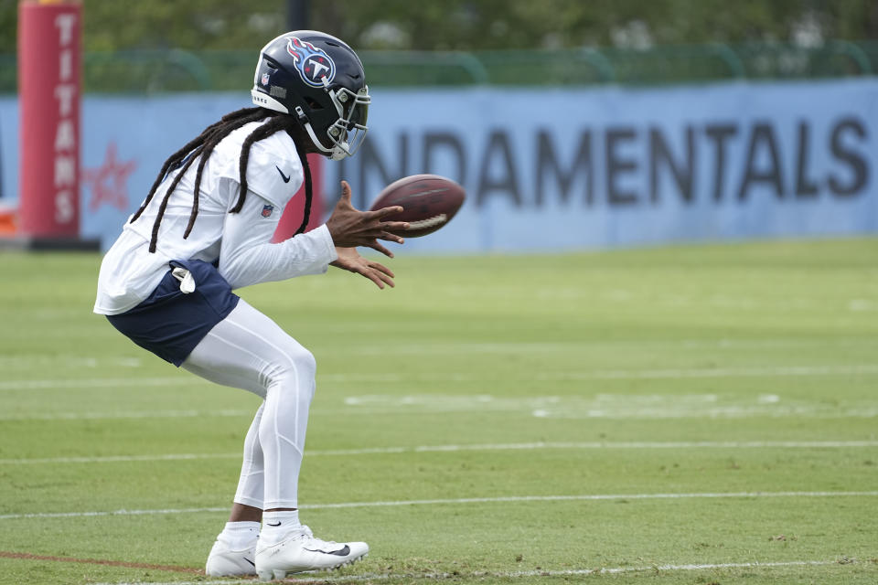 Tennessee Titans wide receiver DeAndre Hopkins makes a catch during an NFL football training camp practice Wednesday, July 26, 2023, in Nashville, Tenn. (AP Photo/George Walker IV)